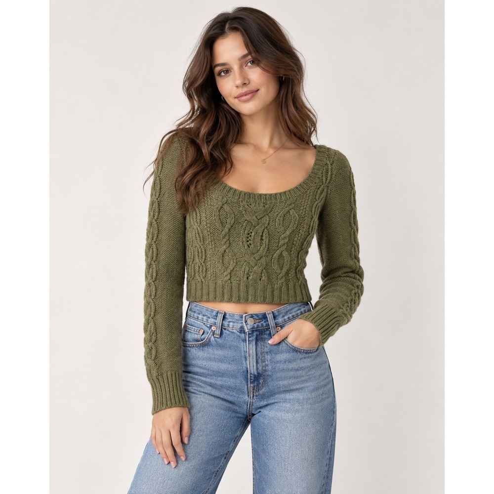 Anthro Guinevere Cable Knit Sweater Womens XS Green Alpaca Merino Wool Cropped